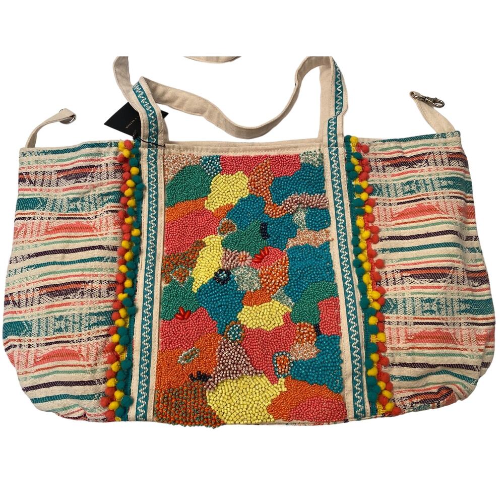 NWT AMERICA & BEYOND Coral Reef Embellished Tote Beach Bag Purse Beaded Fabric